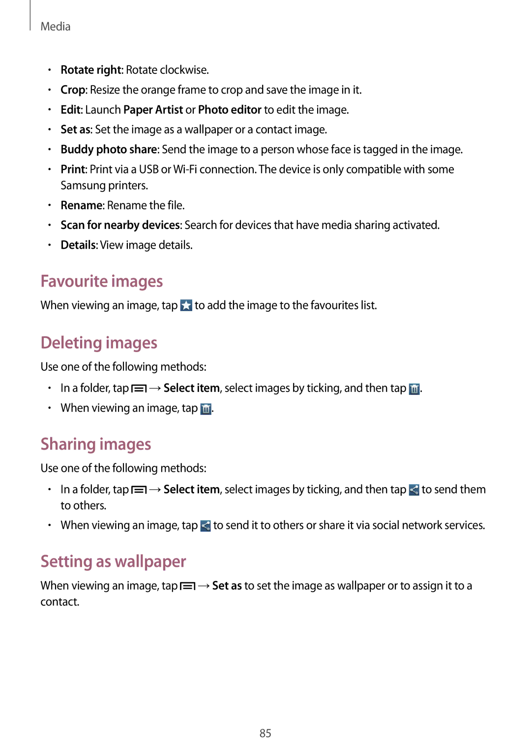 Samsung GT-N7105RWDPRT, GT-N7105TADPRT manual Favourite images, Deleting images, Sharing images, Setting as wallpaper 