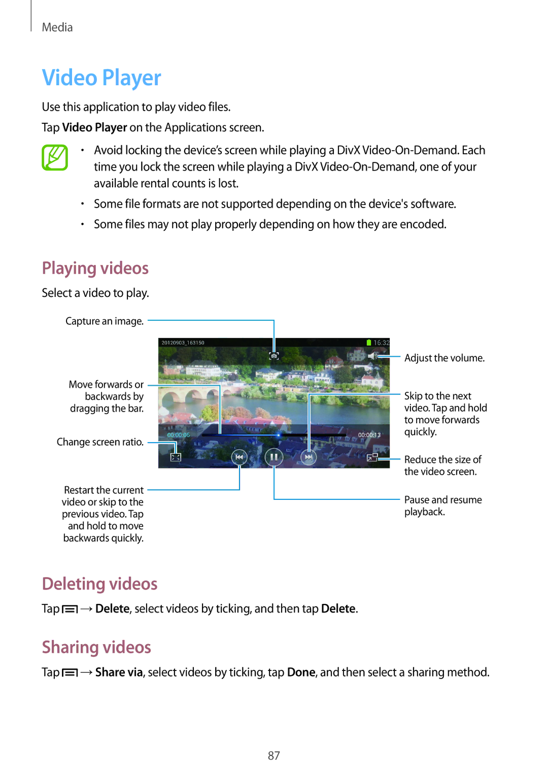 Samsung GT-N7105TADDBT, GT-N7105TADPRT, GT-N7105TADOPT, GT-N7105RWDVD2 manual Video Player, Deleting videos, Sharing videos 