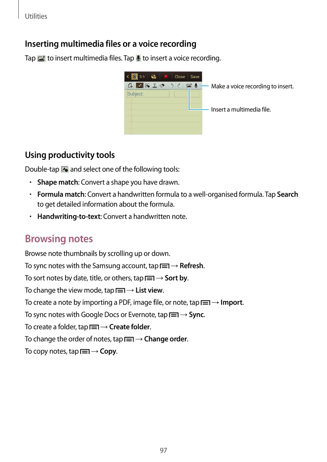 Samsung GT-N7105RWDVD2 manual Browsing notes, Inserting multimedia files or a voice recording, Using productivity tools 