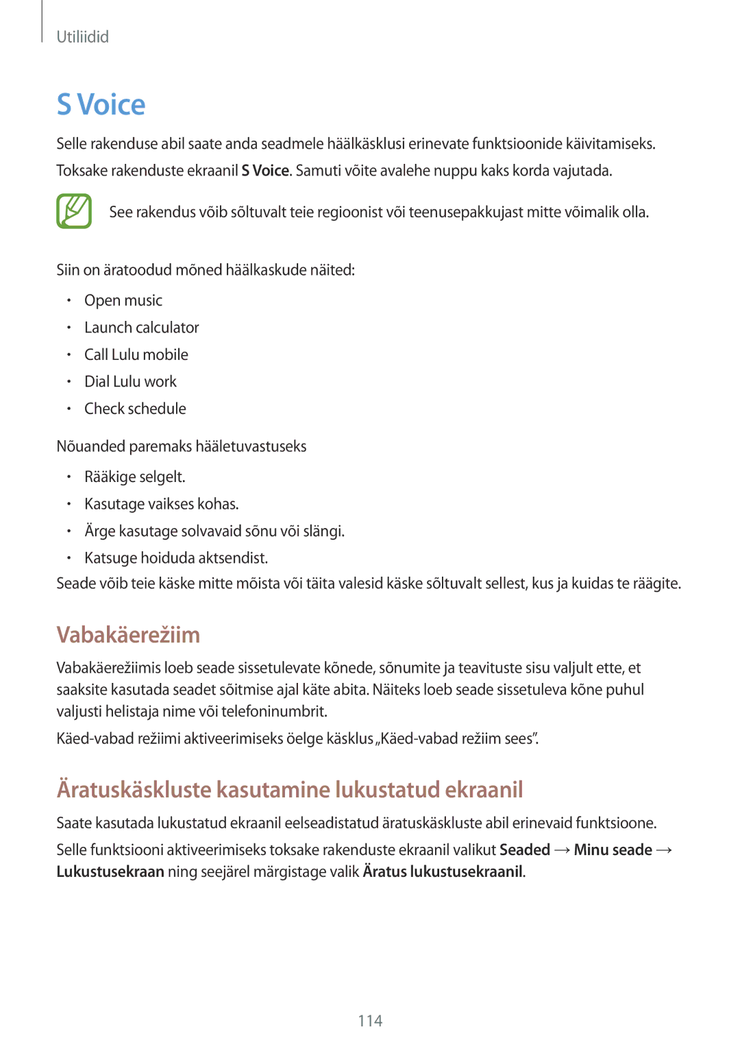 Samsung GT-N7105TADSEB, GT-N7105RWDSEB manual Voice, Vabakäerežiim, Äratuskäskluste kasutamine lukustatud ekraanil 