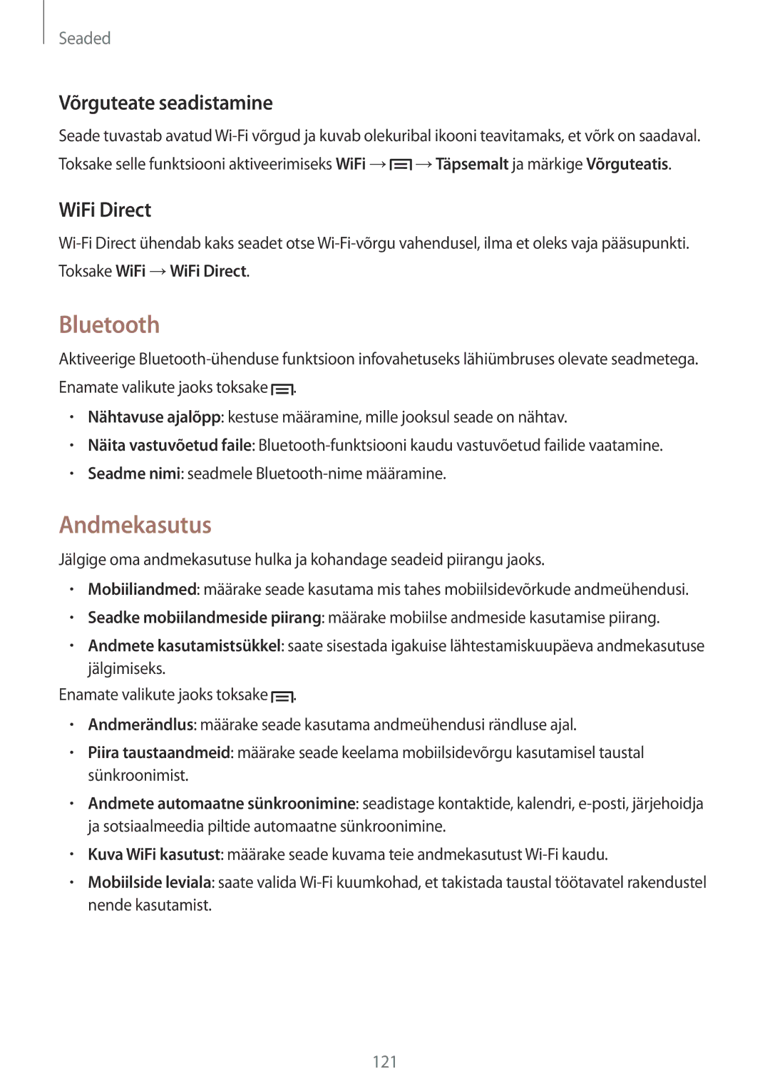 Samsung GT-N7105RWDSEB, GT-N7105TADSEB manual Bluetooth, Andmekasutus, Võrguteate seadistamine, WiFi Direct 