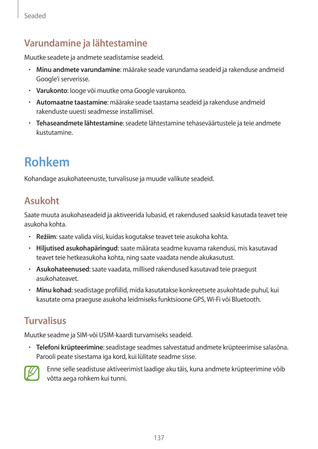 Samsung GT-N7105RWDSEB, GT-N7105TADSEB manual Rohkem, Varundamine ja lähtestamine, Asukoht, Turvalisus 