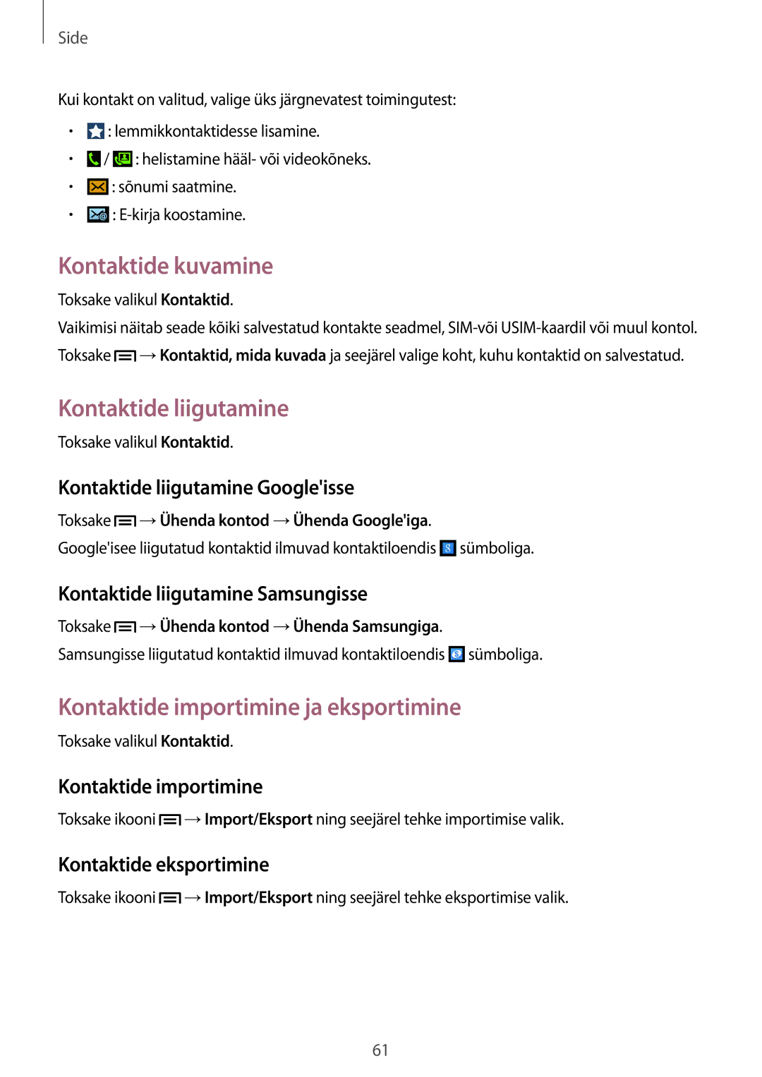 Samsung GT-N7105RWDSEB, GT-N7105TADSEB Kontaktide kuvamine, Kontaktide liigutamine, Kontaktide importimine ja eksportimine 