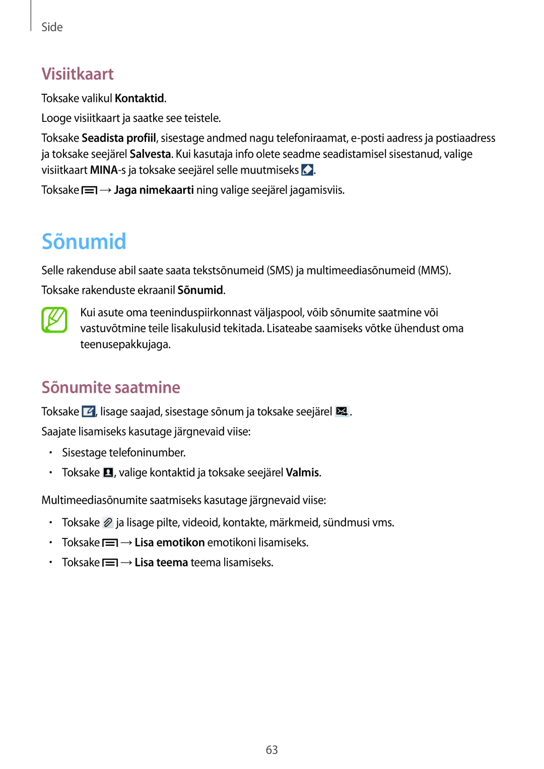 Samsung GT-N7105RWDSEB, GT-N7105TADSEB manual Sõnumid, Visiitkaart, Sõnumite saatmine 