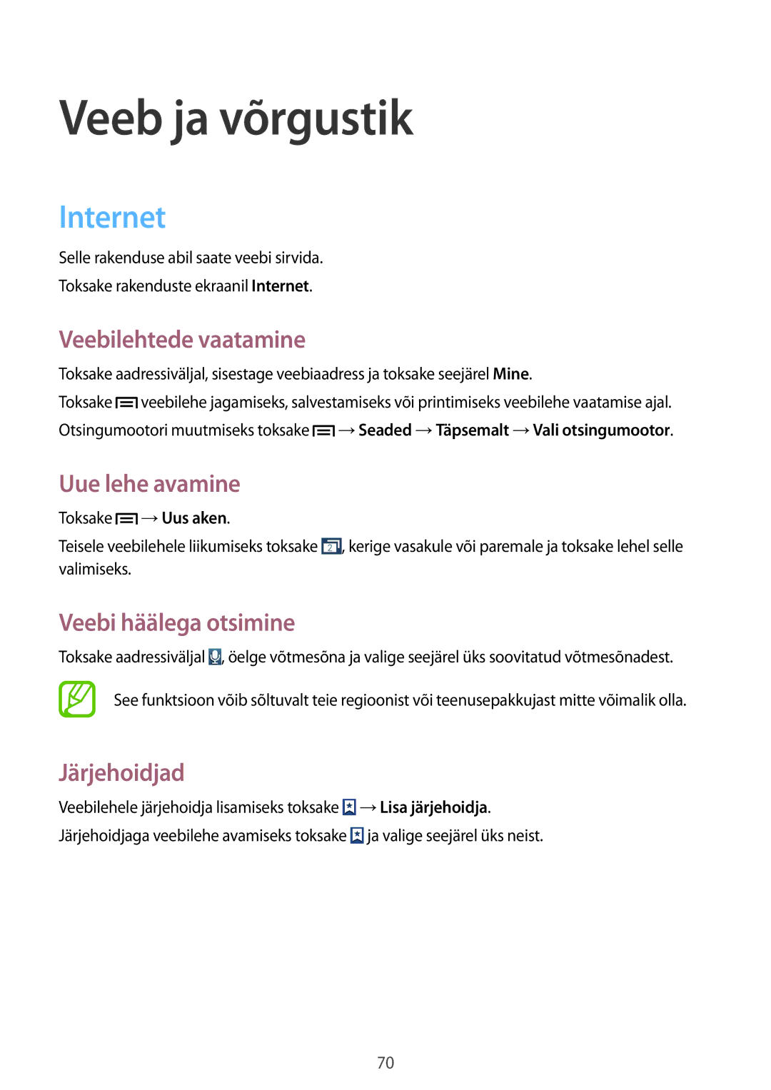 Samsung GT-N7105TADSEB manual Internet, Veebilehtede vaatamine, Uue lehe avamine, Veebi häälega otsimine, Järjehoidjad 