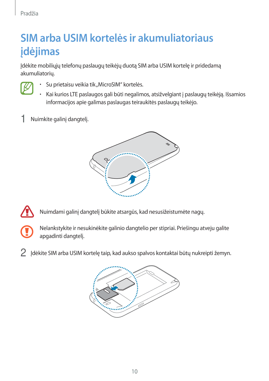 Samsung GT-N7105TADSEB, GT-N7105RWDSEB manual SIM arba Usim kortelės ir akumuliatoriaus įdėjimas 