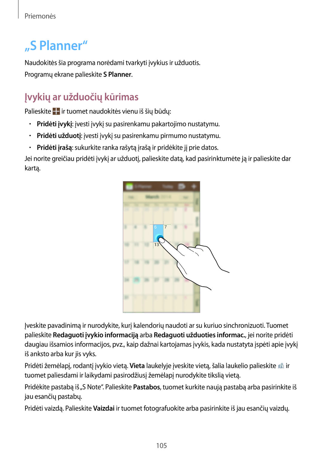 Samsung GT-N7105RWDSEB, GT-N7105TADSEB manual „S Planner, Įvykių ar užduočių kūrimas 