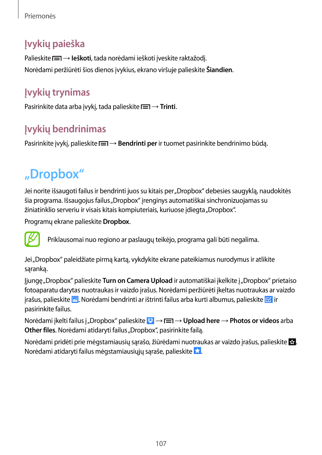 Samsung GT-N7105RWDSEB, GT-N7105TADSEB manual „Dropbox, Įvykių paieška, Įvykių trynimas, Įvykių bendrinimas 