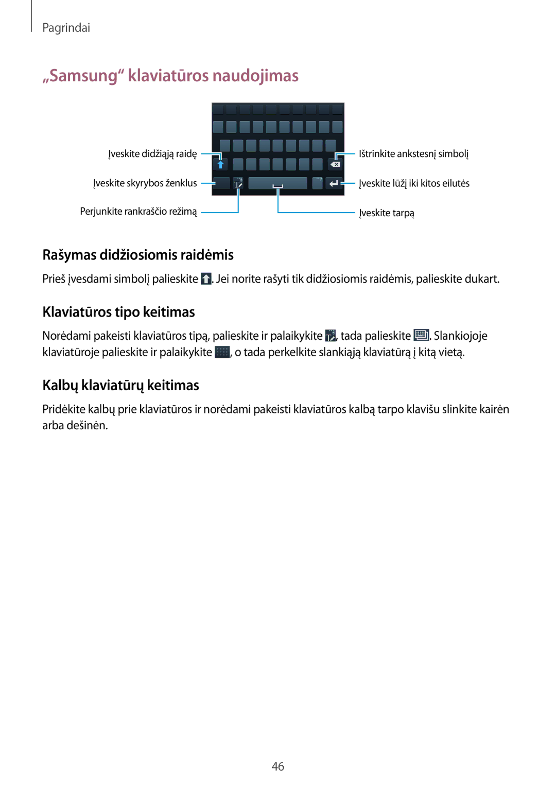 Samsung GT-N7105TADSEB manual „Samsung klaviatūros naudojimas, Rašymas didžiosiomis raidėmis, Klaviatūros tipo keitimas 