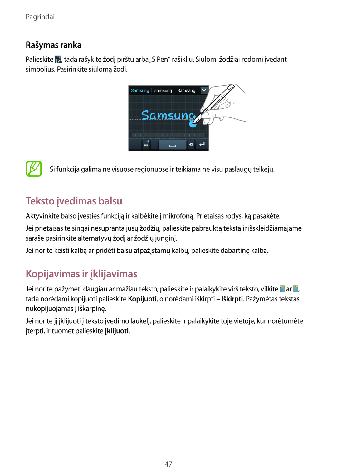 Samsung GT-N7105RWDSEB, GT-N7105TADSEB manual Teksto įvedimas balsu, Kopijavimas ir įklijavimas, Rašymas ranka 