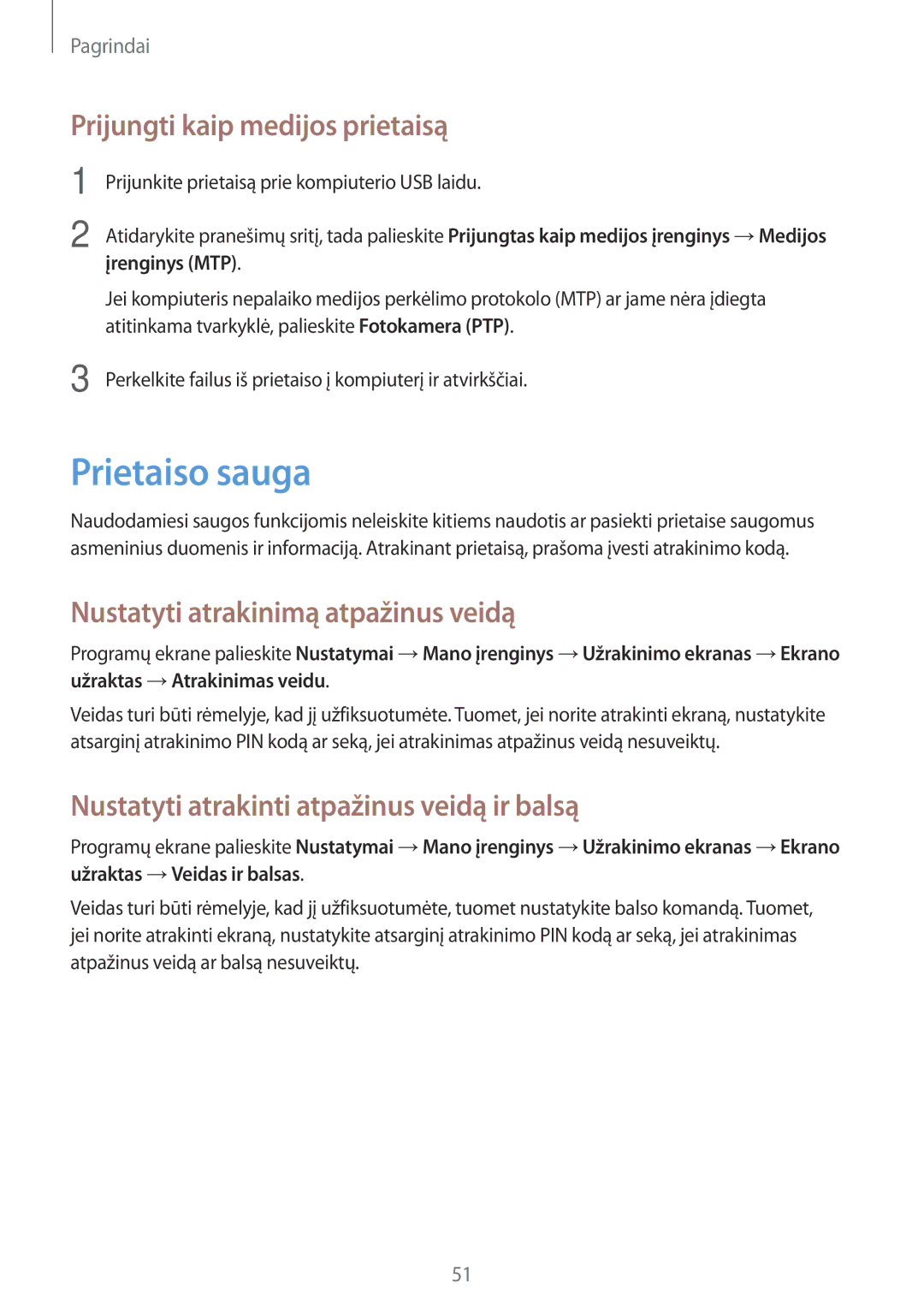 Samsung GT-N7105RWDSEB manual Prietaiso sauga, Prijungti kaip medijos prietaisą, Nustatyti atrakinimą atpažinus veidą 