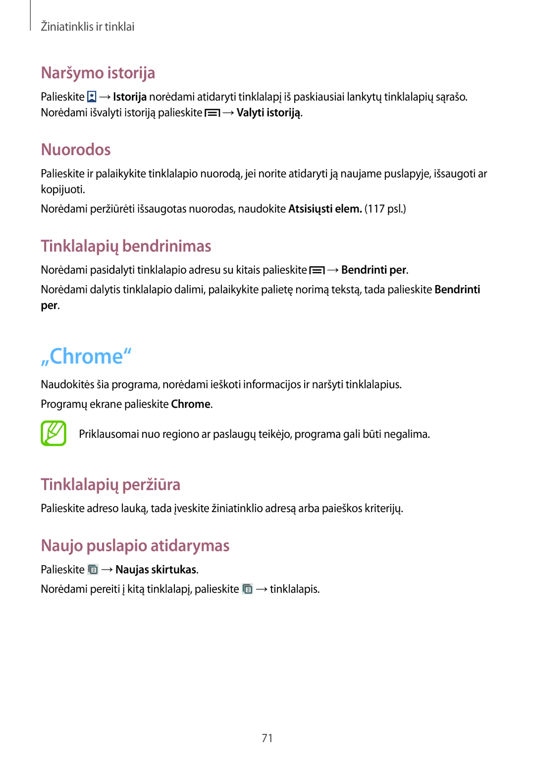Samsung GT-N7105RWDSEB, GT-N7105TADSEB manual „Chrome, Naršymo istorija, Nuorodos, Tinklalapių bendrinimas 