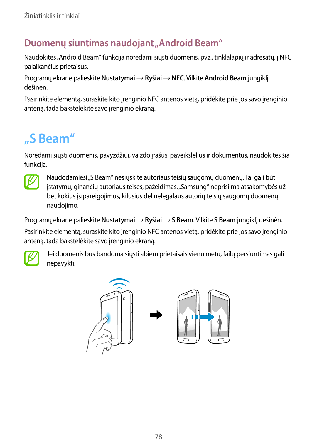 Samsung GT-N7105TADSEB, GT-N7105RWDSEB manual „S Beam, Duomenų siuntimas naudojant„Android Beam 