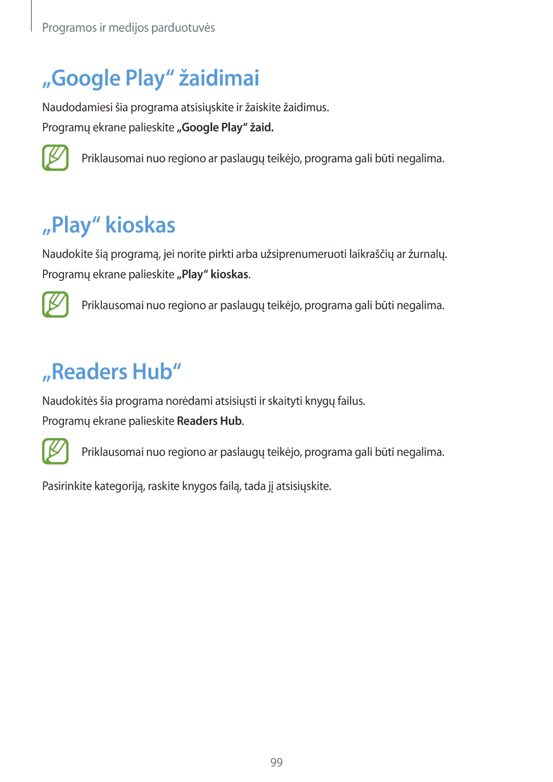 Samsung GT-N7105RWDSEB, GT-N7105TADSEB manual „Google Play žaidimai, „Play kioskas, „Readers Hub 