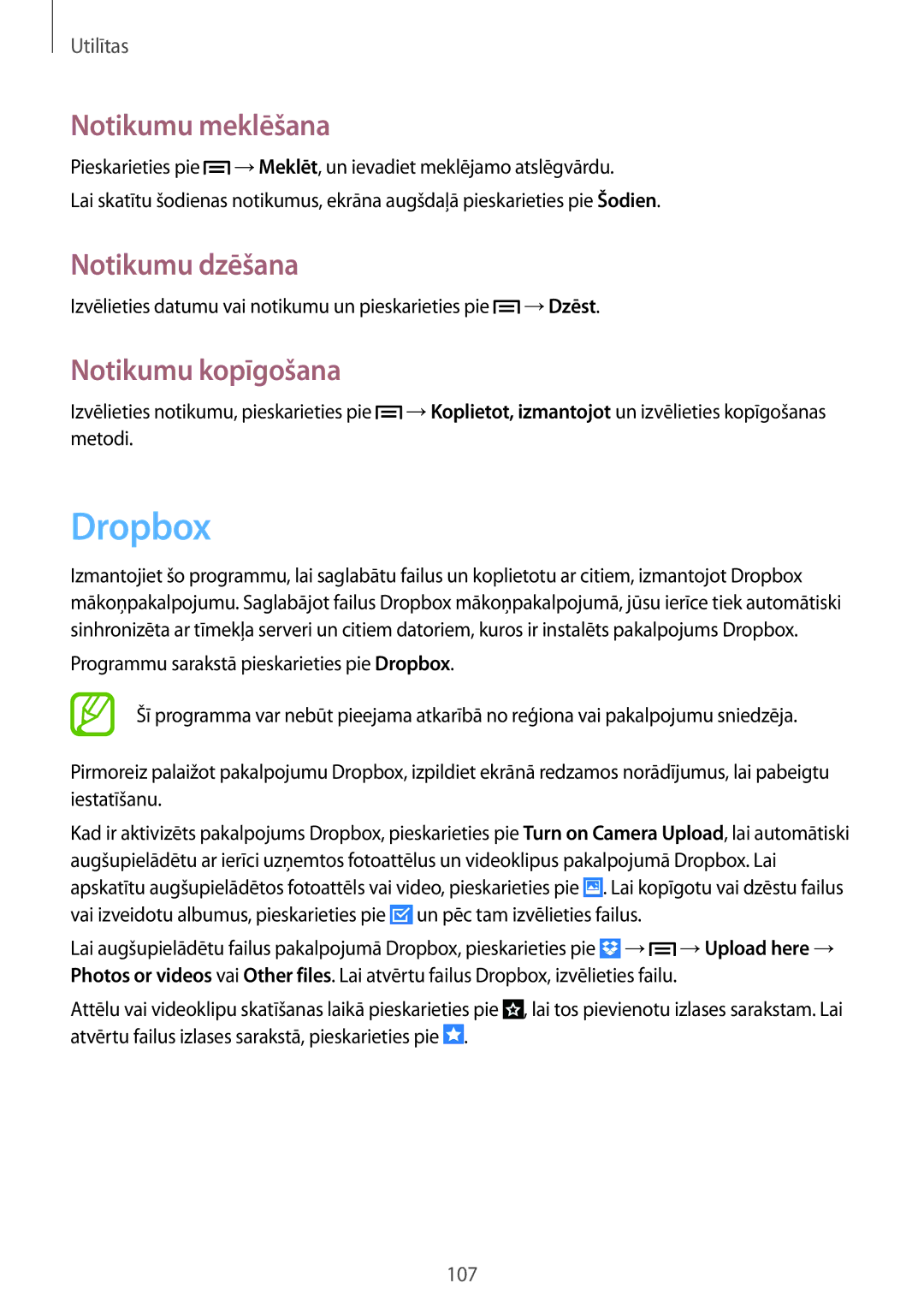 Samsung GT-N7105RWDSEB, GT-N7105TADSEB manual Dropbox, Notikumu meklēšana, Notikumu dzēšana, Notikumu kopīgošana 