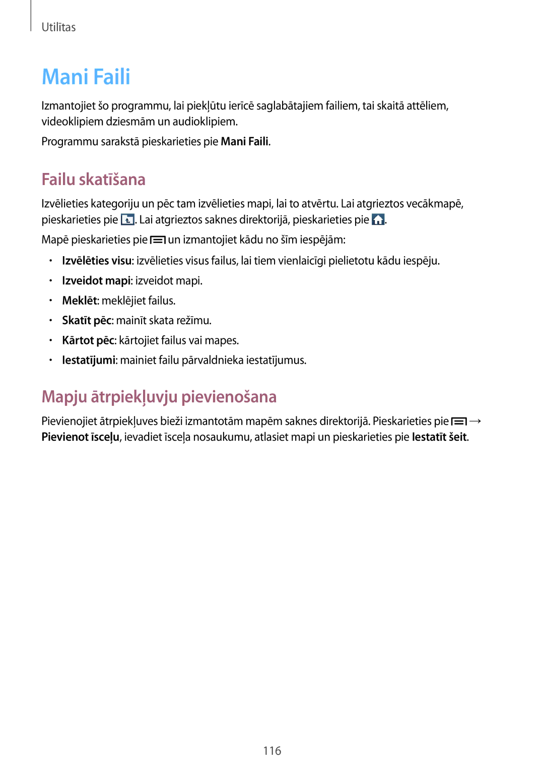 Samsung GT-N7105TADSEB, GT-N7105RWDSEB manual Mani Faili, Failu skatīšana, Mapju ātrpiekļuvju pievienošana 