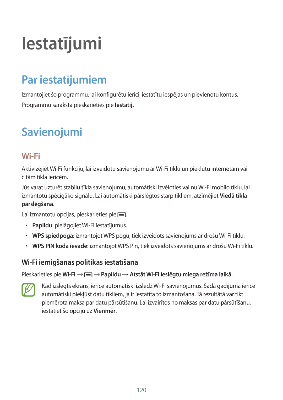 Samsung GT-N7105TADSEB manual Iestatījumi, Par iestatījumiem, Savienojumi, Wi-Fi iemigšanas politikas iestatīšana 