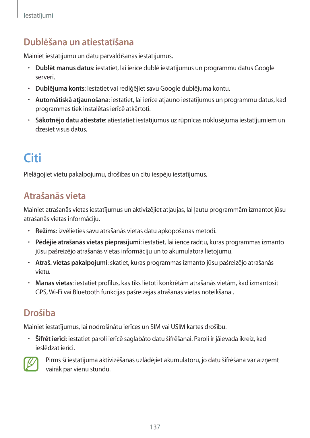 Samsung GT-N7105RWDSEB, GT-N7105TADSEB manual Citi, Dublēšana un atiestatīšana, Atrašanās vieta, Drošība 