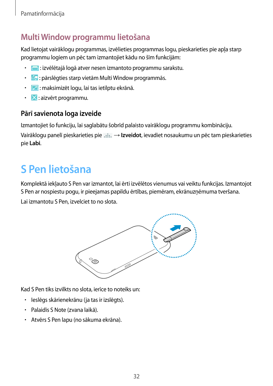 Samsung GT-N7105TADSEB, GT-N7105RWDSEB manual Pen lietošana, Multi Window programmu lietošana, Pārī savienota loga izveide 