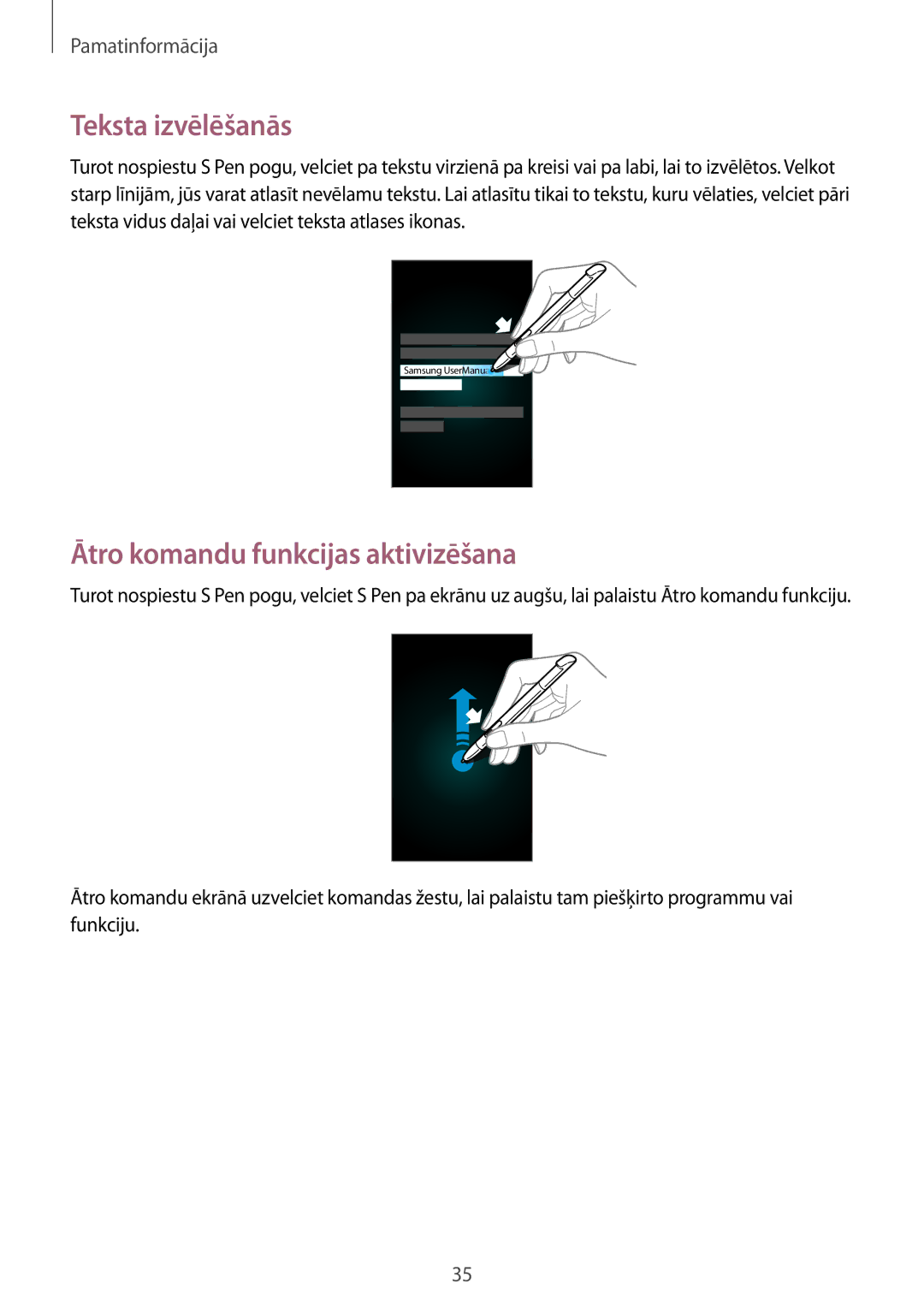 Samsung GT-N7105RWDSEB, GT-N7105TADSEB manual Teksta izvēlēšanās, Ātro komandu funkcijas aktivizēšana 