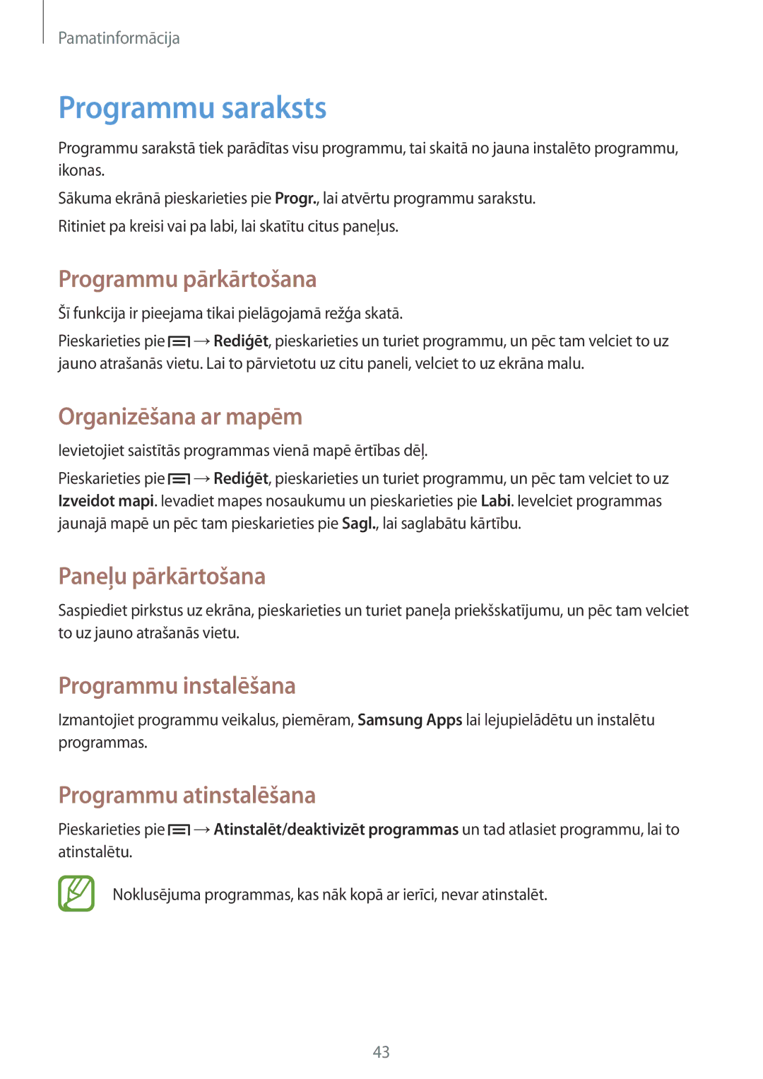 Samsung GT-N7105RWDSEB manual Programmu saraksts, Programmu pārkārtošana, Organizēšana ar mapēm, Programmu instalēšana 
