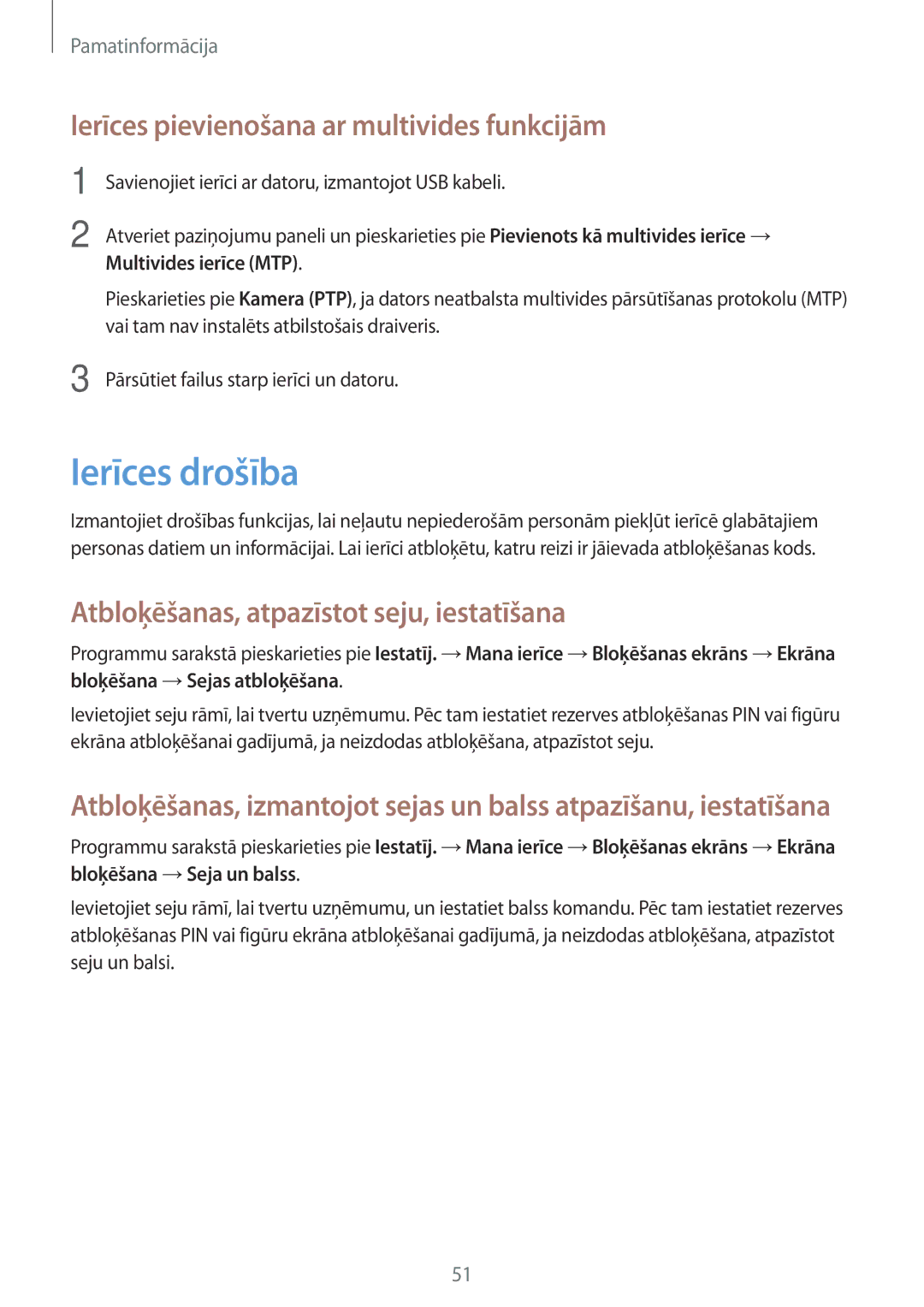 Samsung GT-N7105RWDSEB manual Ierīces drošība, Ierīces pievienošana ar multivides funkcijām, Multivides ierīce MTP 