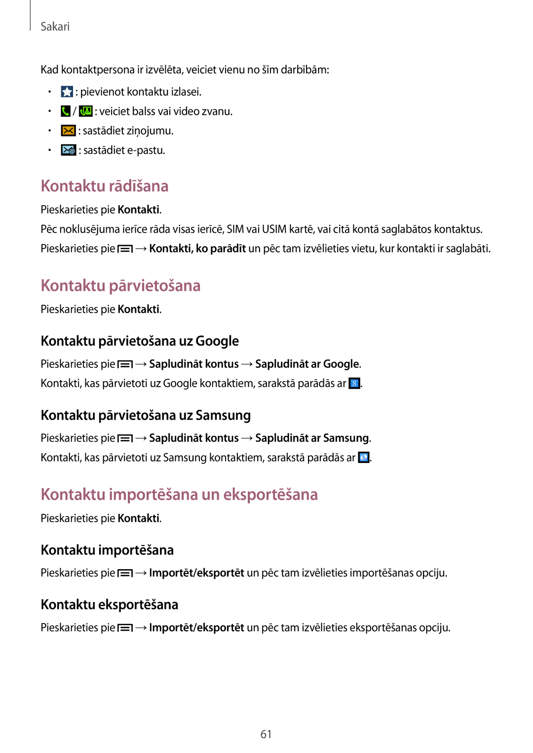 Samsung GT-N7105RWDSEB, GT-N7105TADSEB manual Kontaktu rādīšana, Kontaktu pārvietošana, Kontaktu importēšana un eksportēšana 