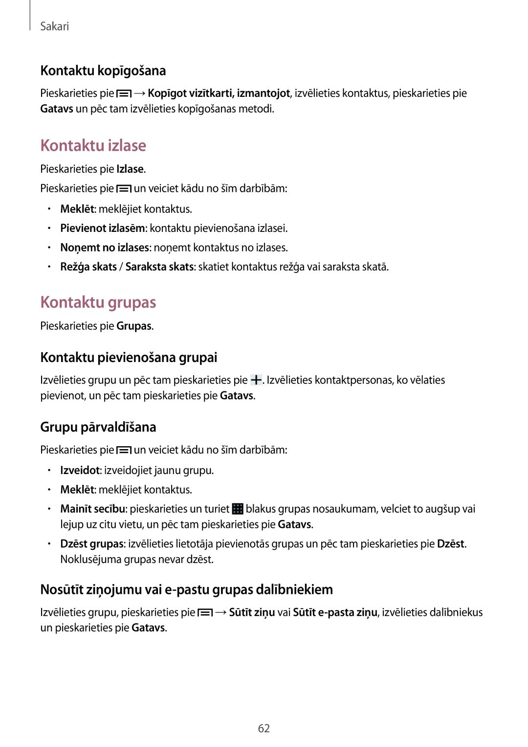 Samsung GT-N7105TADSEB, GT-N7105RWDSEB manual Kontaktu izlase, Kontaktu grupas 