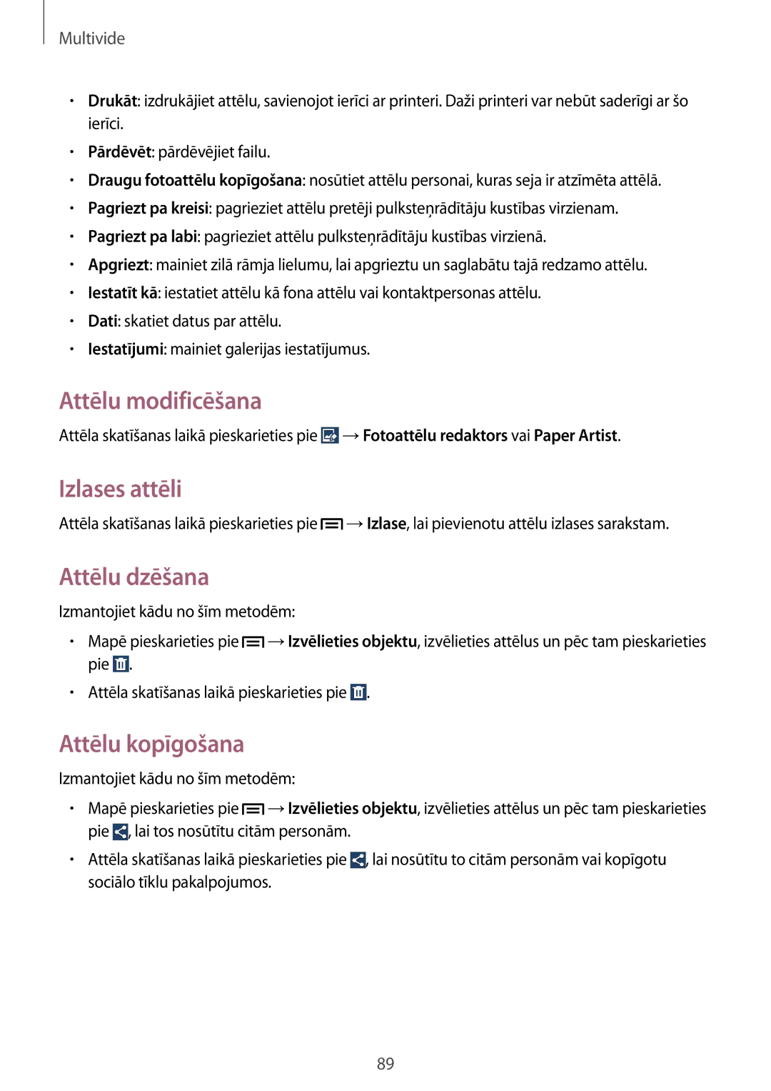 Samsung GT-N7105RWDSEB, GT-N7105TADSEB manual Attēlu modificēšana, Izlases attēli, Attēlu dzēšana, Attēlu kopīgošana 