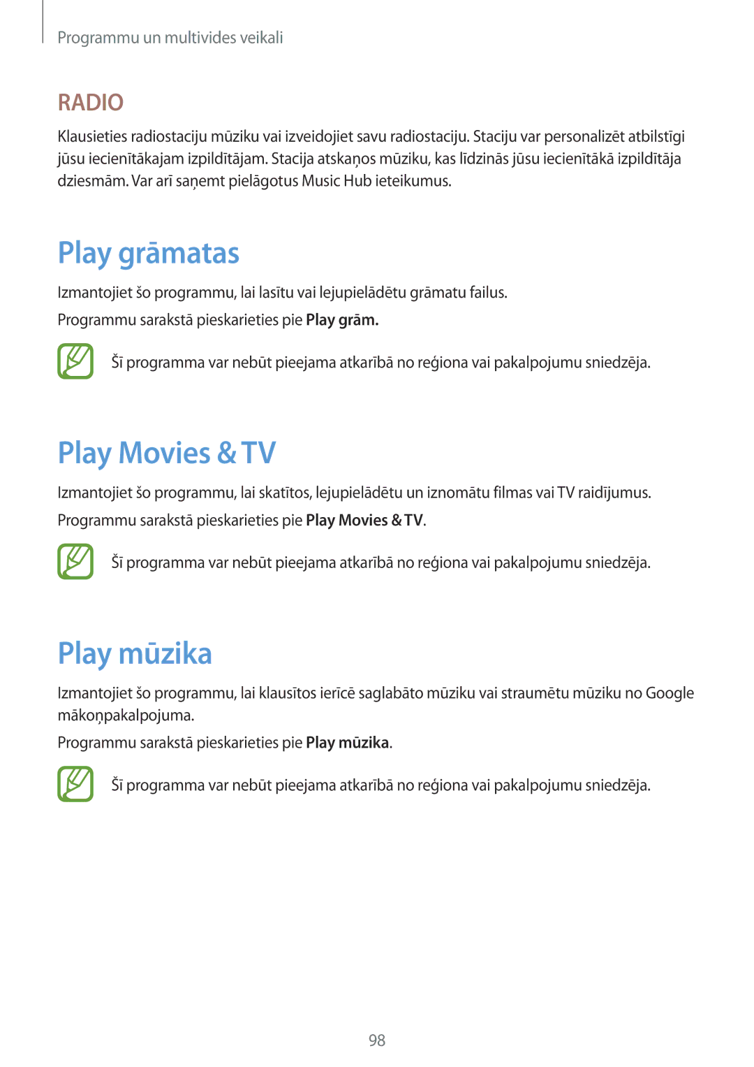 Samsung GT-N7105TADSEB, GT-N7105RWDSEB manual Play grāmatas, Play Movies & TV, Play mūzika 