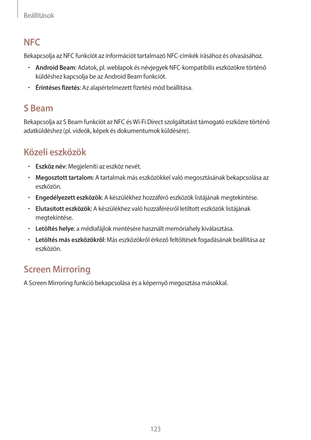 Samsung GT-N7105TADTMH, GT-N7105TADVD2, GT-N7105TADPLS, GT-N7105TADSWC manual Beam, Közeli eszközök, Screen Mirroring 