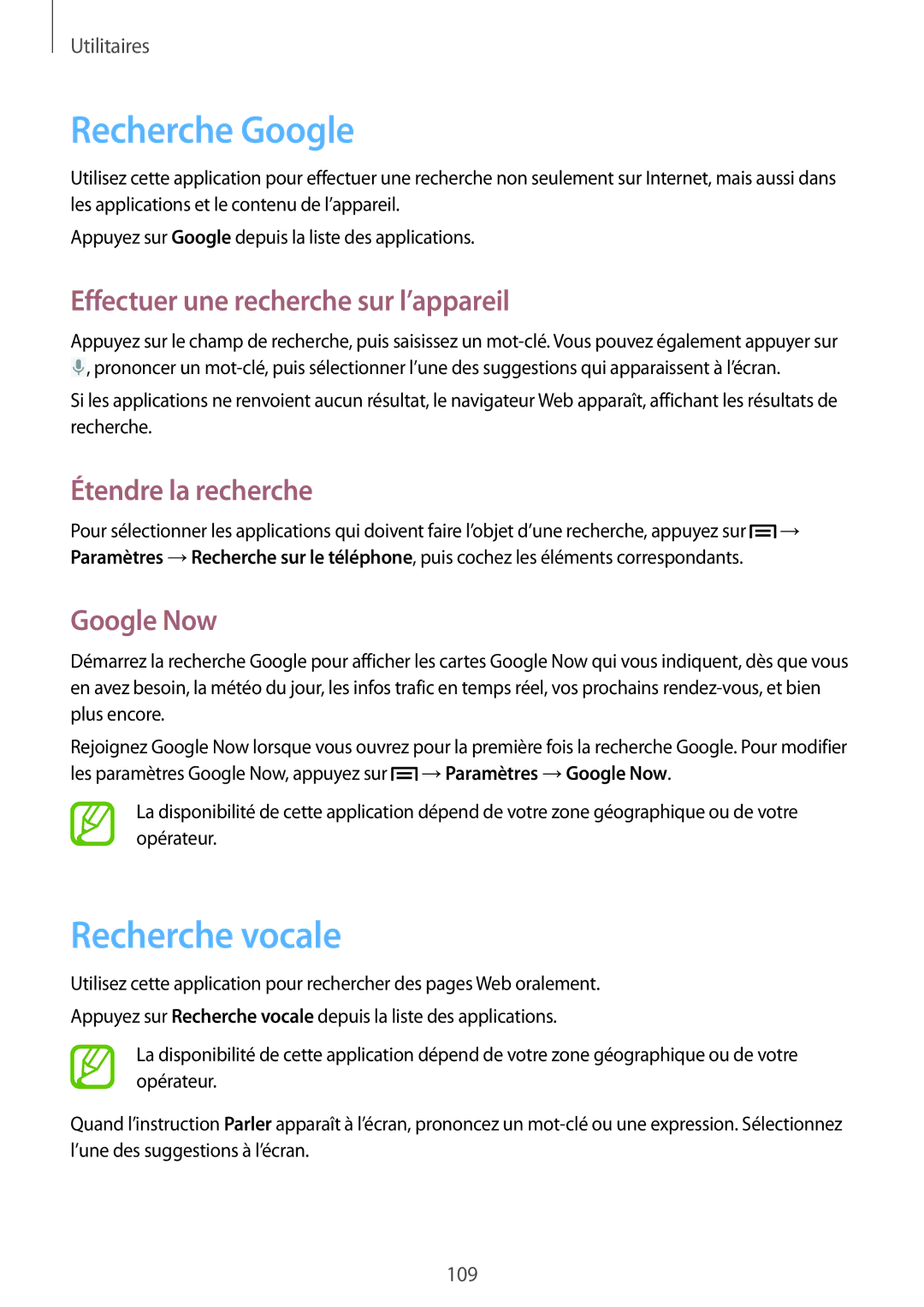 Samsung GT-N7105RWDSFR Recherche Google, Recherche vocale, Effectuer une recherche sur l’appareil, Étendre la recherche 