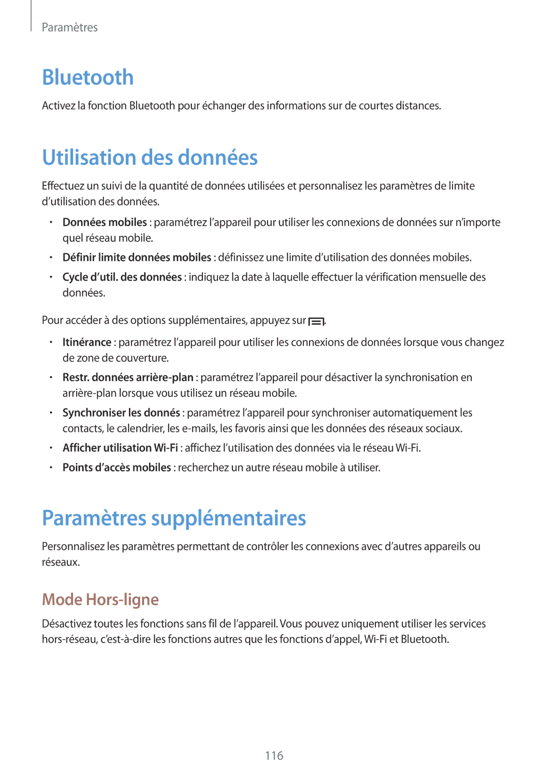 Samsung GT-N7105TADFTM, GT-N7105TADXEF, GT-N7105TADSFR Utilisation des données, Paramètres supplémentaires, Mode Hors-ligne 