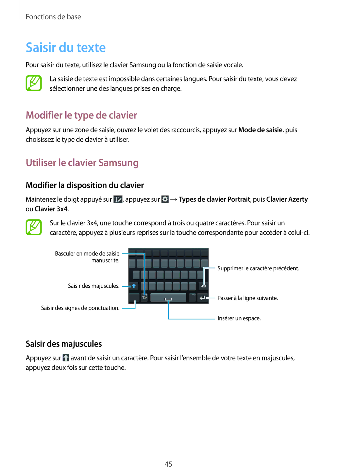 Samsung GT-N7105RWDSFR Saisir du texte, Modifier le type de clavier, Utiliser le clavier Samsung, Saisir des majuscules 