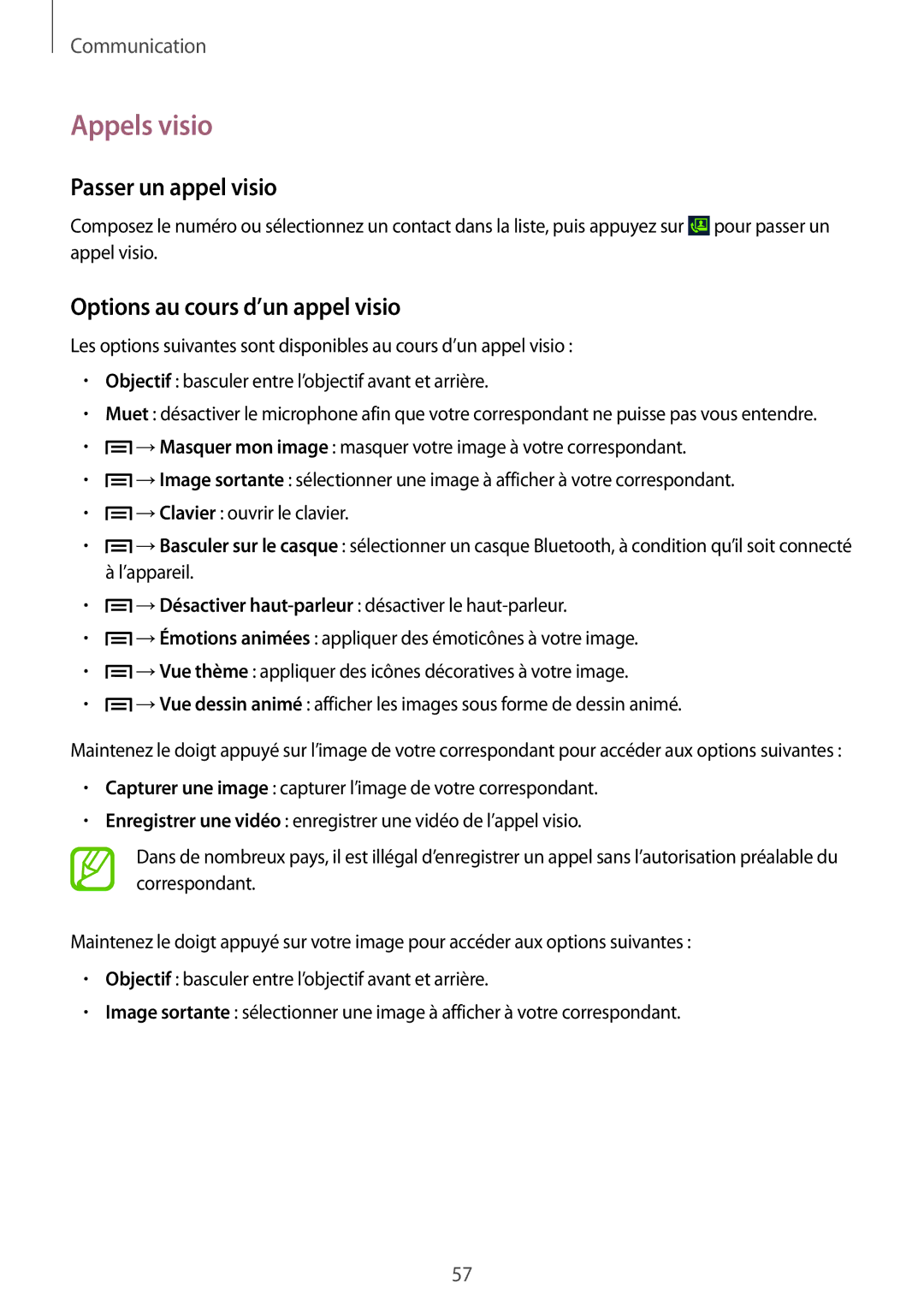 Samsung GT-N7105TADSFR, GT-N7105TADXEF manual Appels visio, Passer un appel visio, Options au cours d’un appel visio 