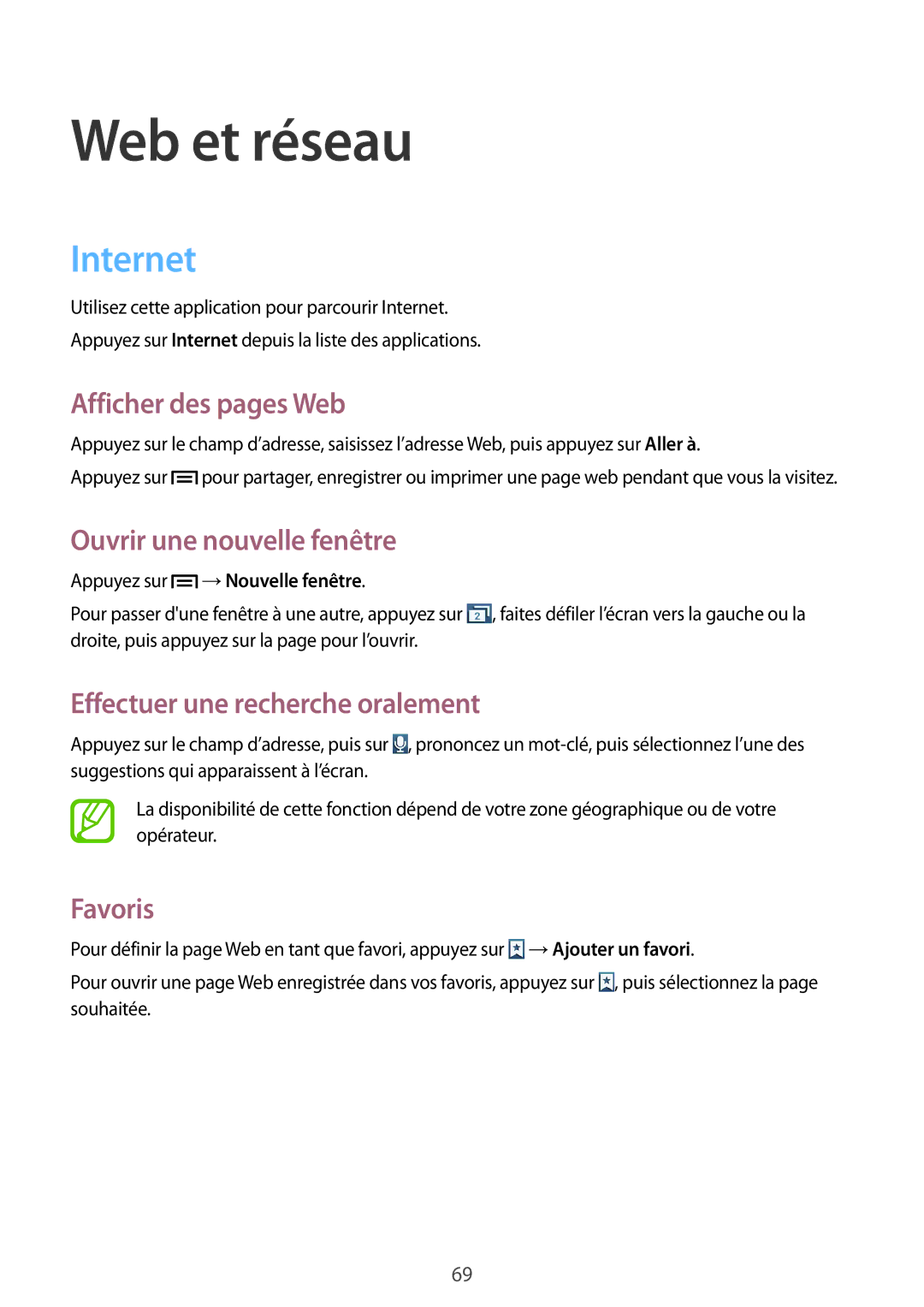 Samsung GT-N7105RWDSFR Internet, Afficher des pages Web, Ouvrir une nouvelle fenêtre, Effectuer une recherche oralement 