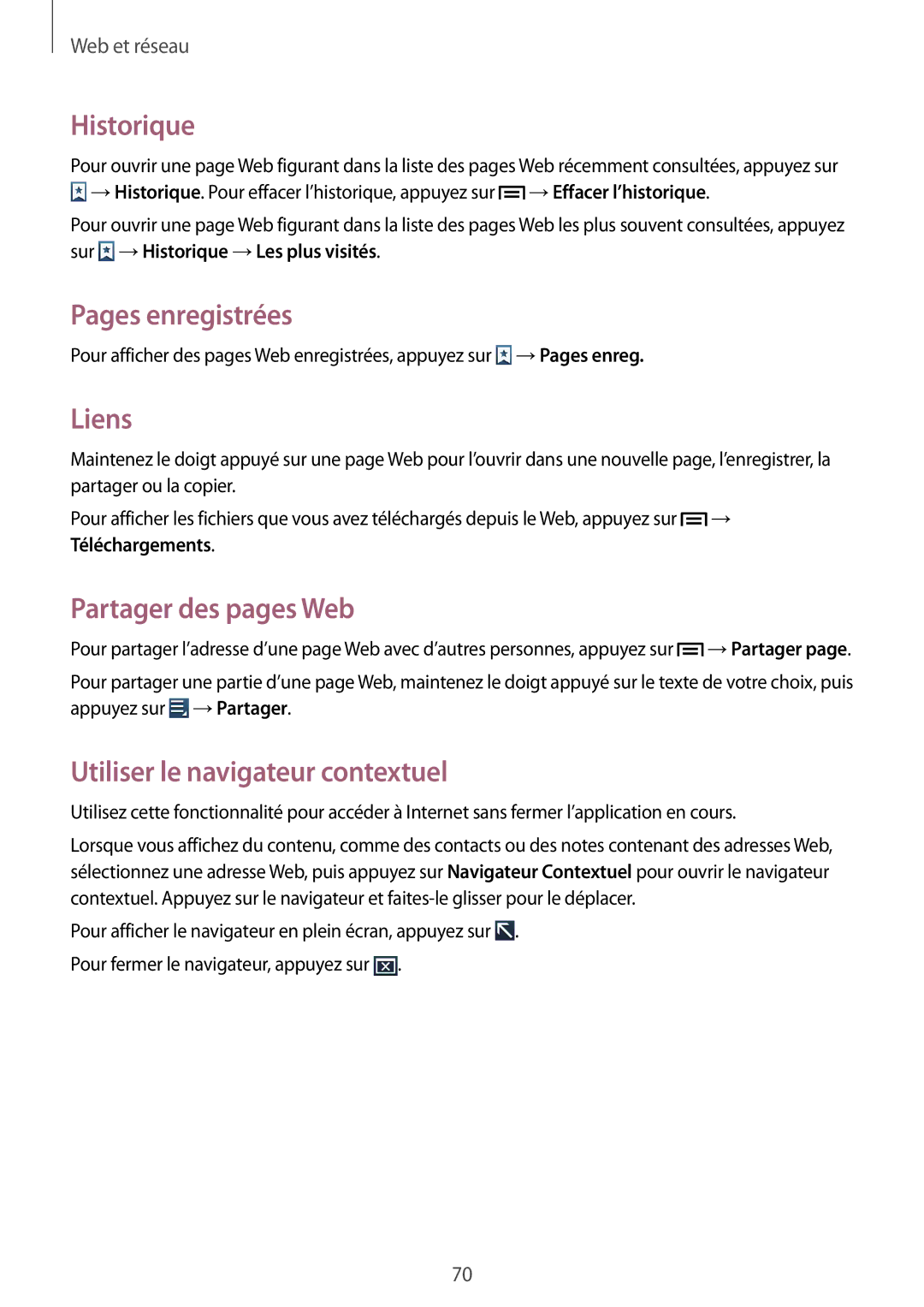 Samsung GT-N7105RWDBOG Historique, Pages enregistrées, Liens, Partager des pages Web, Utiliser le navigateur contextuel 