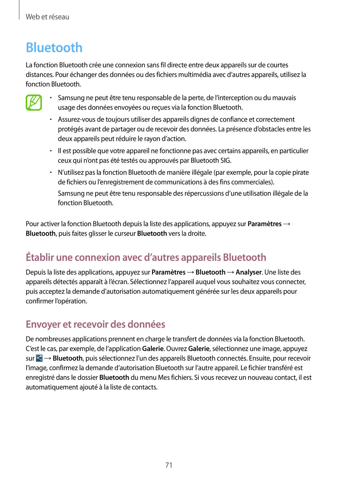 Samsung GT-N7105RWDFTM manual Établir une connexion avec d’autres appareils Bluetooth, Envoyer et recevoir des données 