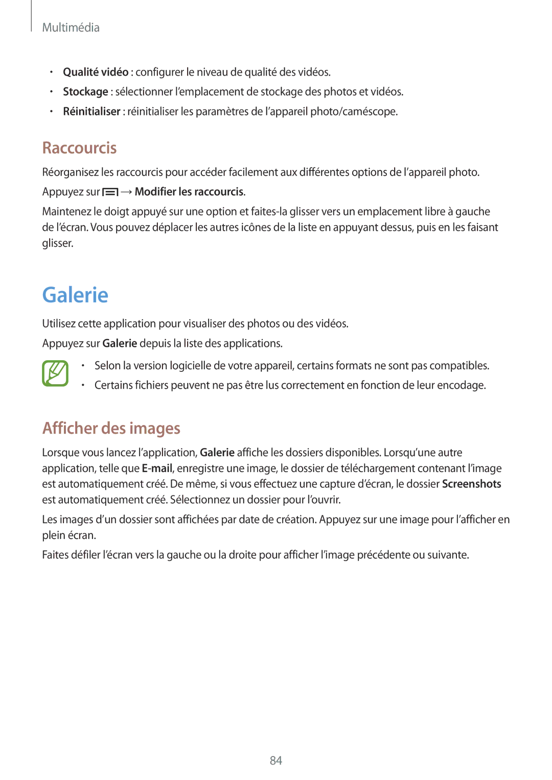 Samsung GT-N7105TADFTM, GT-N7105TADXEF manual Galerie, Raccourcis, Afficher des images, Appuyez sur →Modifier les raccourcis 