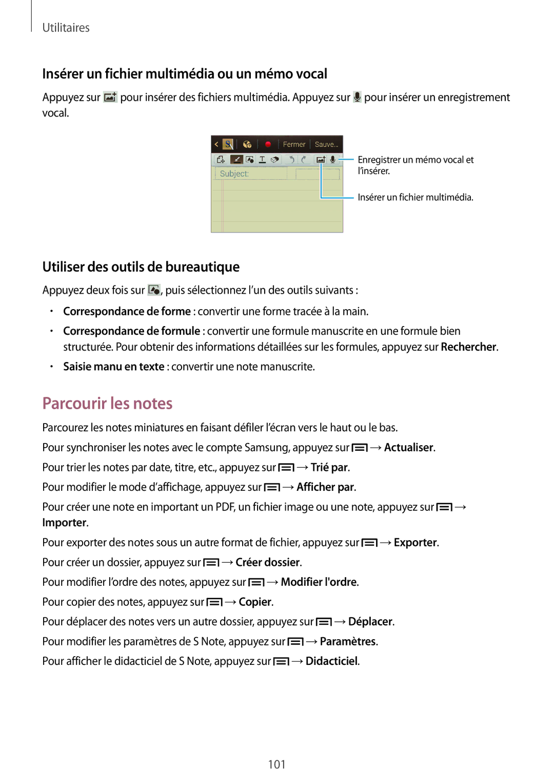 Samsung GT-N7105RWDSFR, GT-N7105TADXEF, GT-N7105TADSFR Parcourir les notes, Insérer un fichier multimédia ou un mémo vocal 