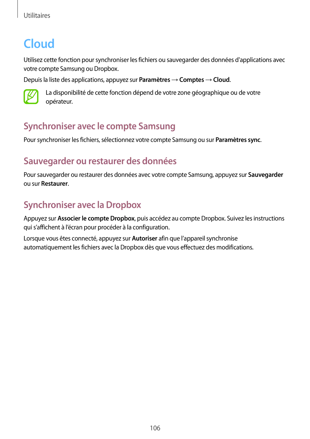 Samsung GT-N7105TADBOG, GT-N7105TADXEF Cloud, Synchroniser avec le compte Samsung, Sauvegarder ou restaurer des données 