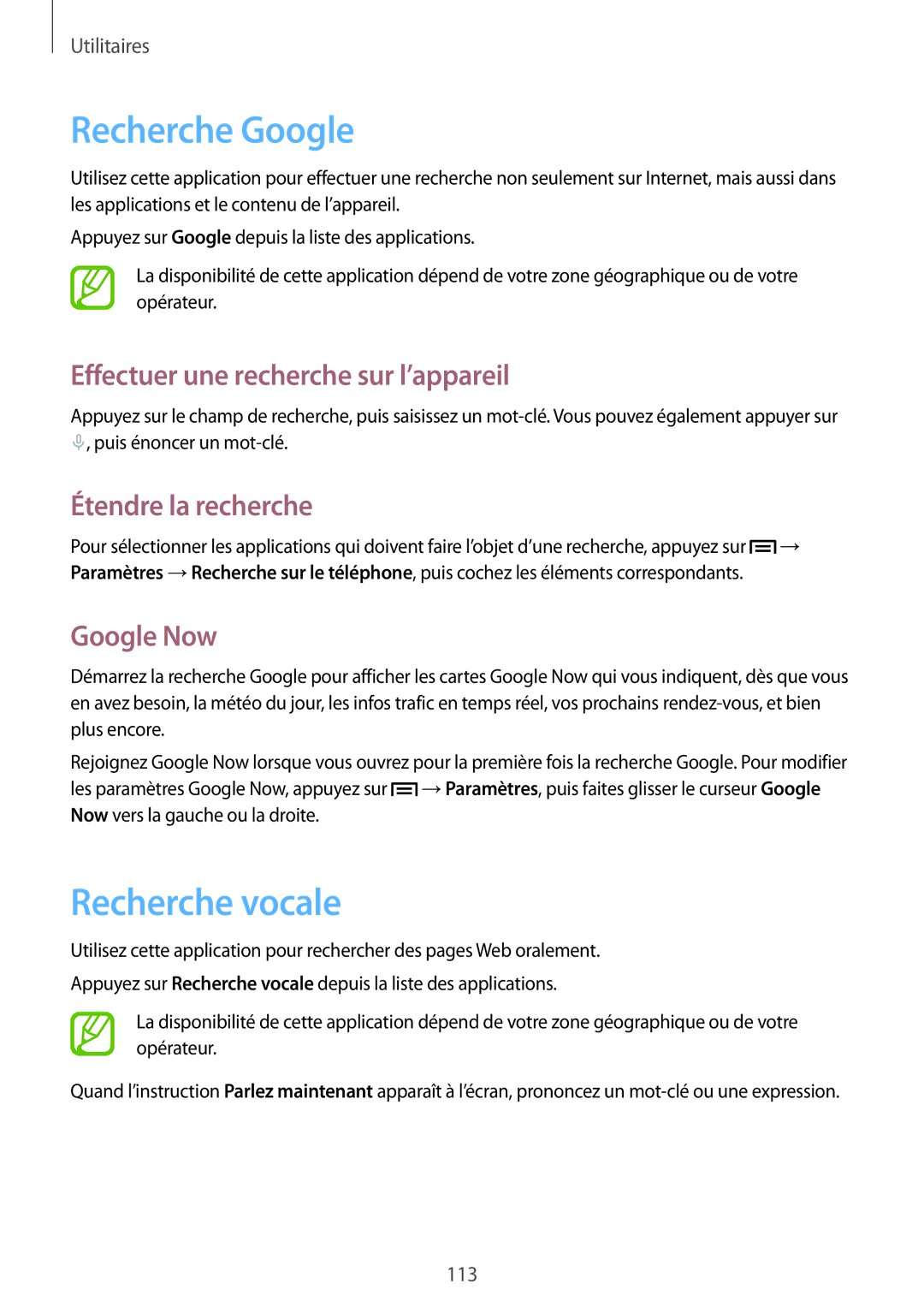 Samsung GT-N7105TADSFR Recherche Google, Recherche vocale, Effectuer une recherche sur l’appareil, Étendre la recherche 