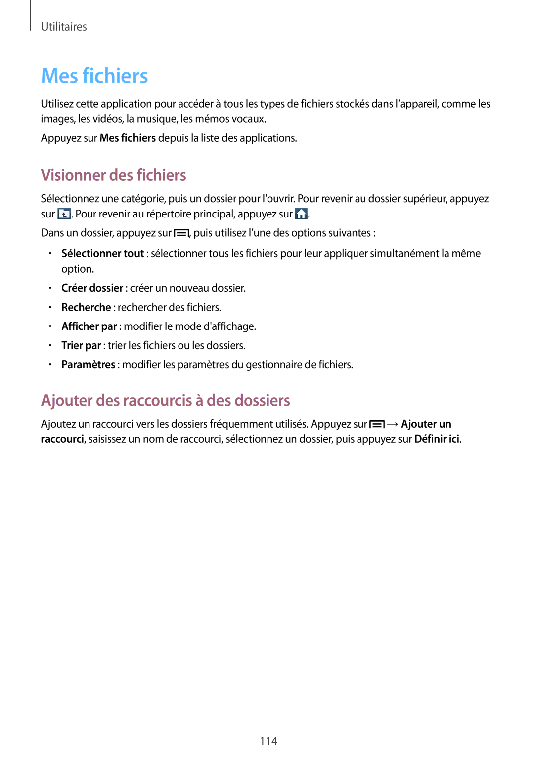 Samsung GT-N7105TADBOG, GT-N7105TADXEF manual Mes fichiers, Visionner des fichiers, Ajouter des raccourcis à des dossiers 