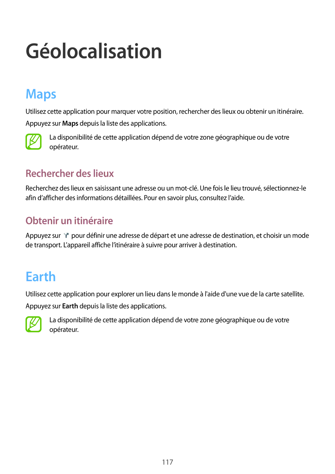 Samsung GT-N7105RWDSFR, GT-N7105TADXEF, GT-N7105TADSFR manual Maps, Earth, Rechercher des lieux, Obtenir un itinéraire 