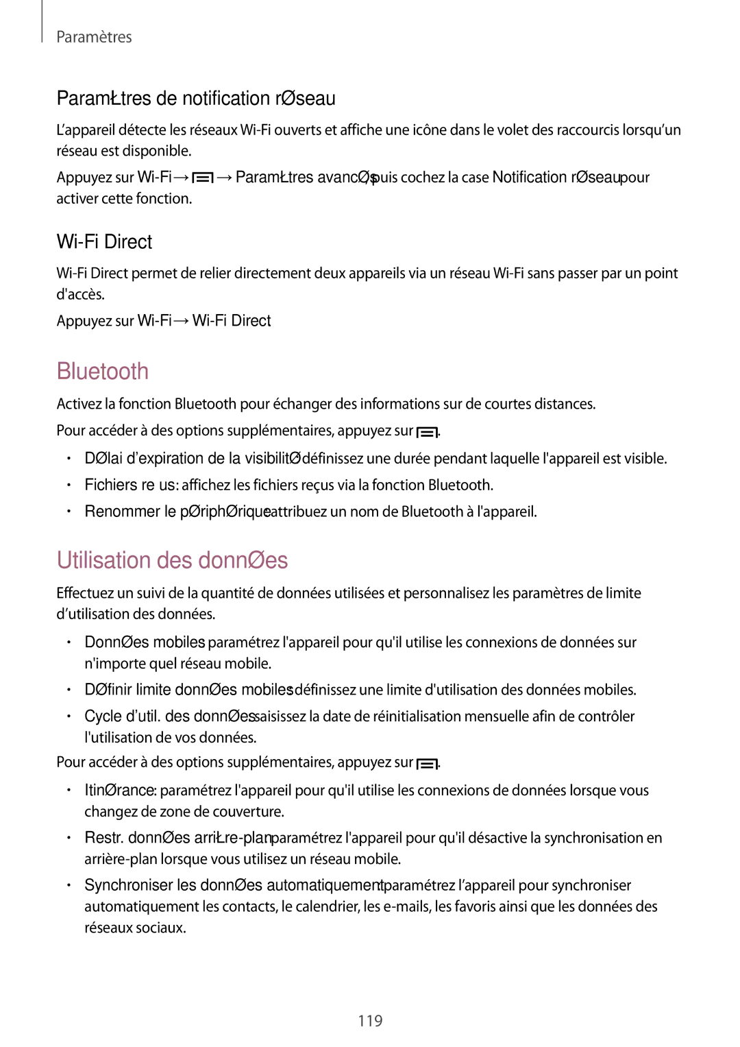 Samsung GT-N7105RWDFTM, GT-N7105TADXEF Bluetooth, Utilisation des données, Paramètres de notification réseau, Wi-Fi Direct 