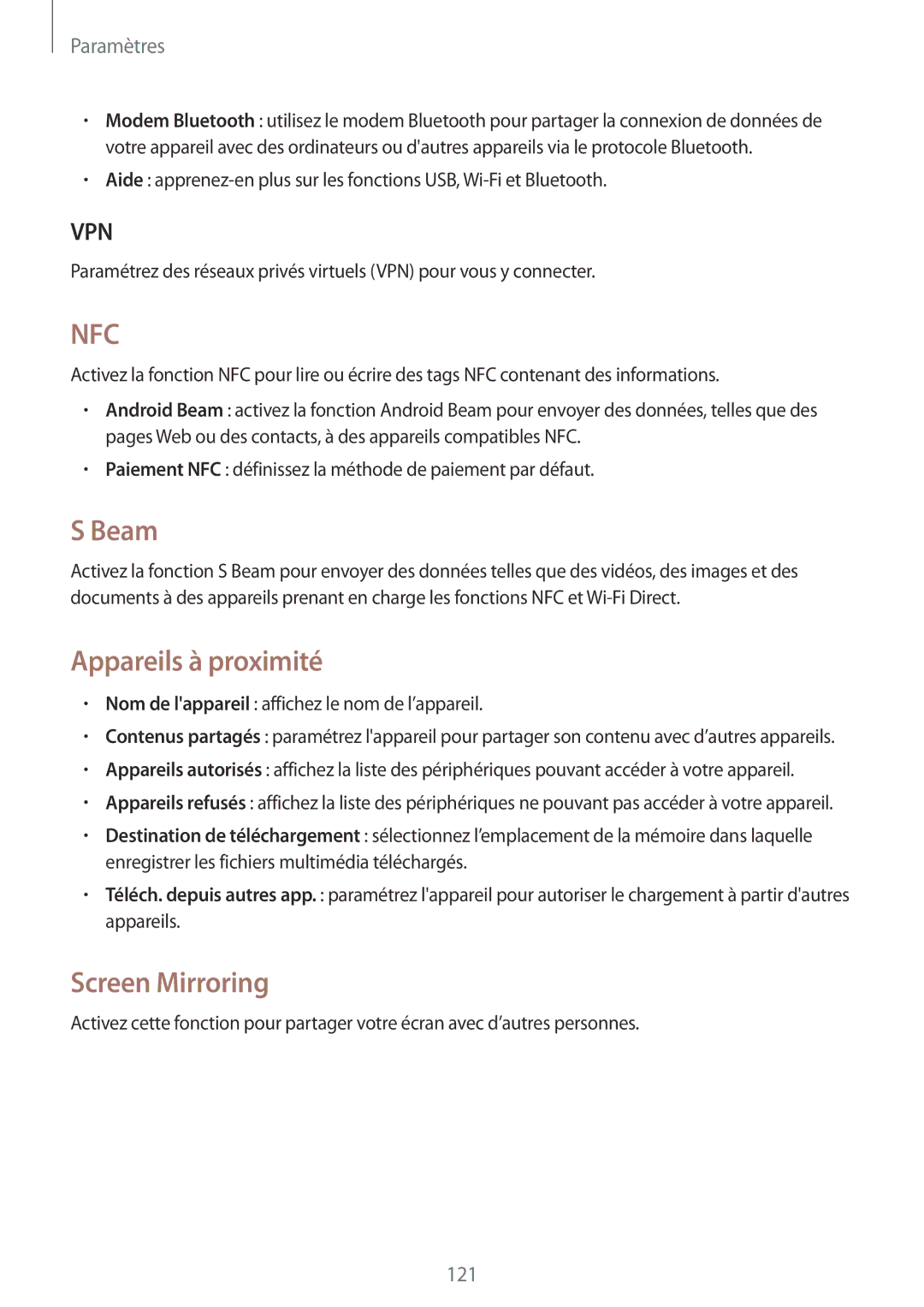Samsung GT-N7105TADSFR, GT-N7105TADXEF, GT-N7105TADBOG, GT-N7105RWDXEF manual Beam, Appareils à proximité, Screen Mirroring 
