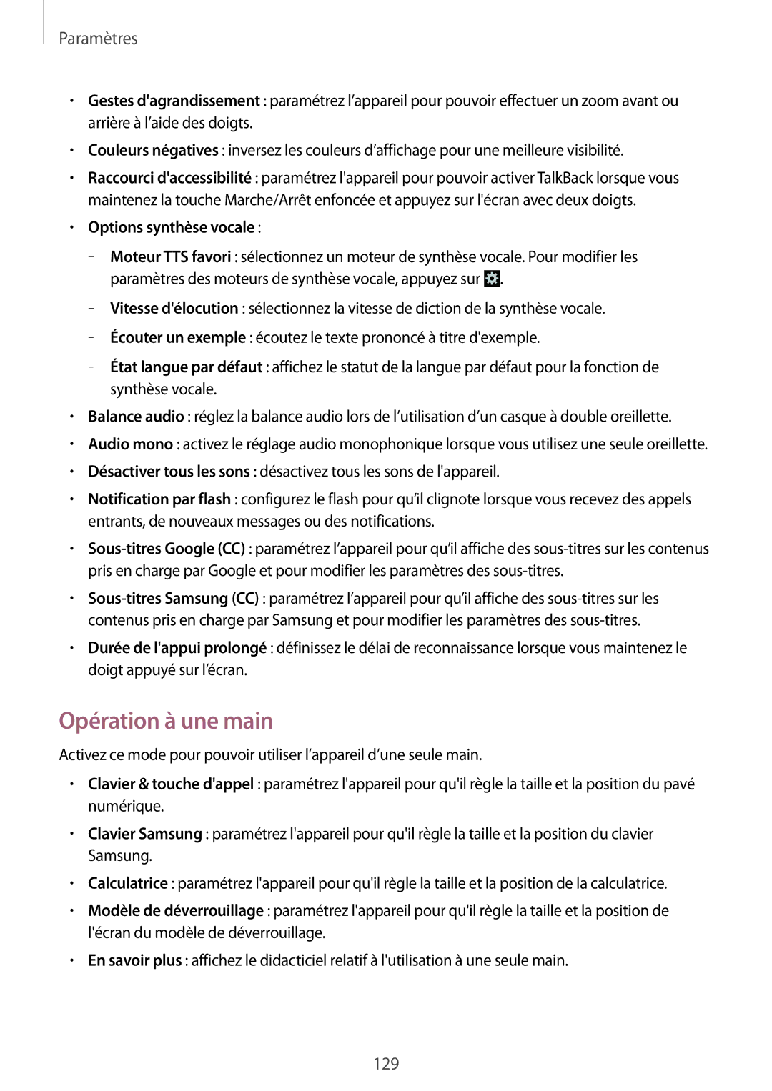Samsung GT-N7105TADSFR, GT-N7105TADXEF, GT-N7105TADBOG, GT-N7105RWDXEF manual Opération à une main, Options synthèse vocale 