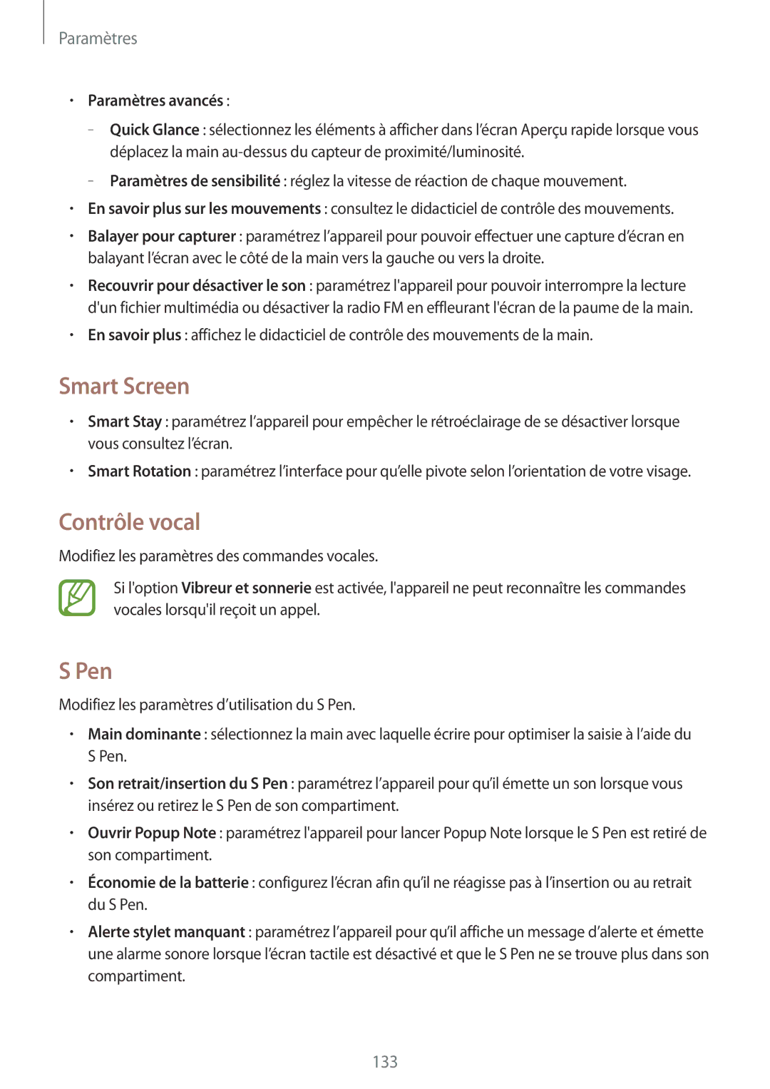 Samsung GT-N7105RWDSFR, GT-N7105TADXEF, GT-N7105TADSFR, GT-N7105TADBOG Smart Screen, Contrôle vocal, Pen, Paramètres avancés 