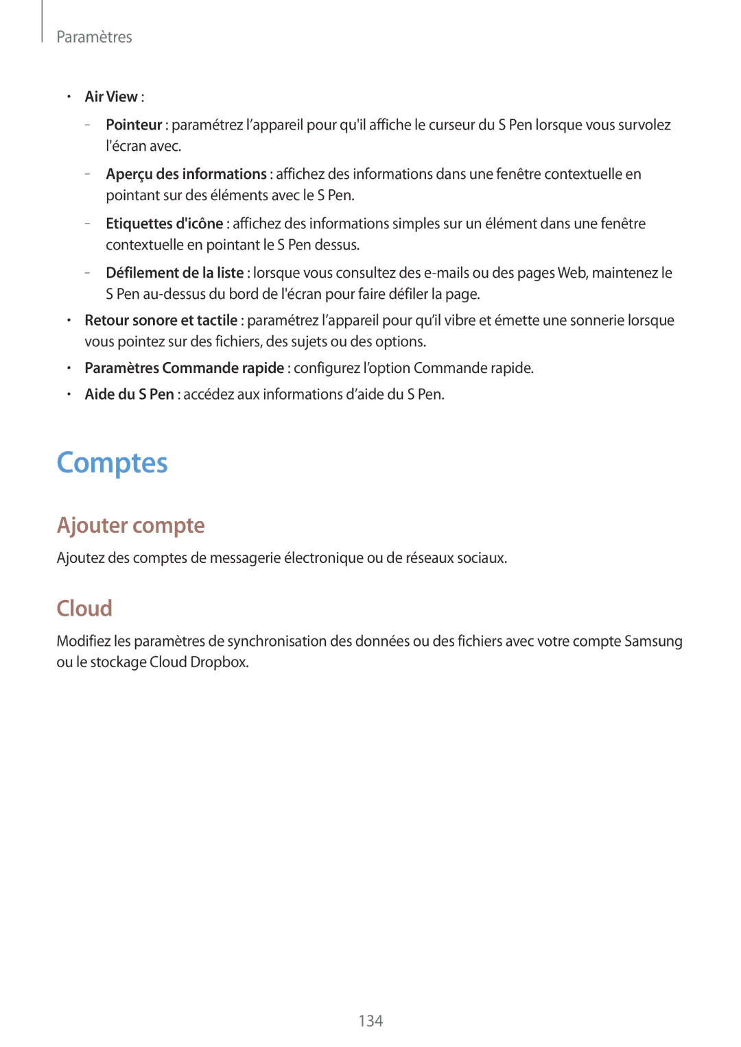 Samsung GT-N7105RWDBOG, GT-N7105TADXEF, GT-N7105TADSFR, GT-N7105TADBOG manual Comptes, Ajouter compte, Cloud, Air View 