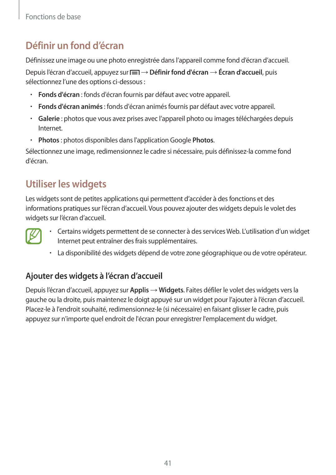 Samsung GT-N7105TADSFR manual Définir un fond d’écran, Utiliser les widgets, Ajouter des widgets à l’écran d’accueil 